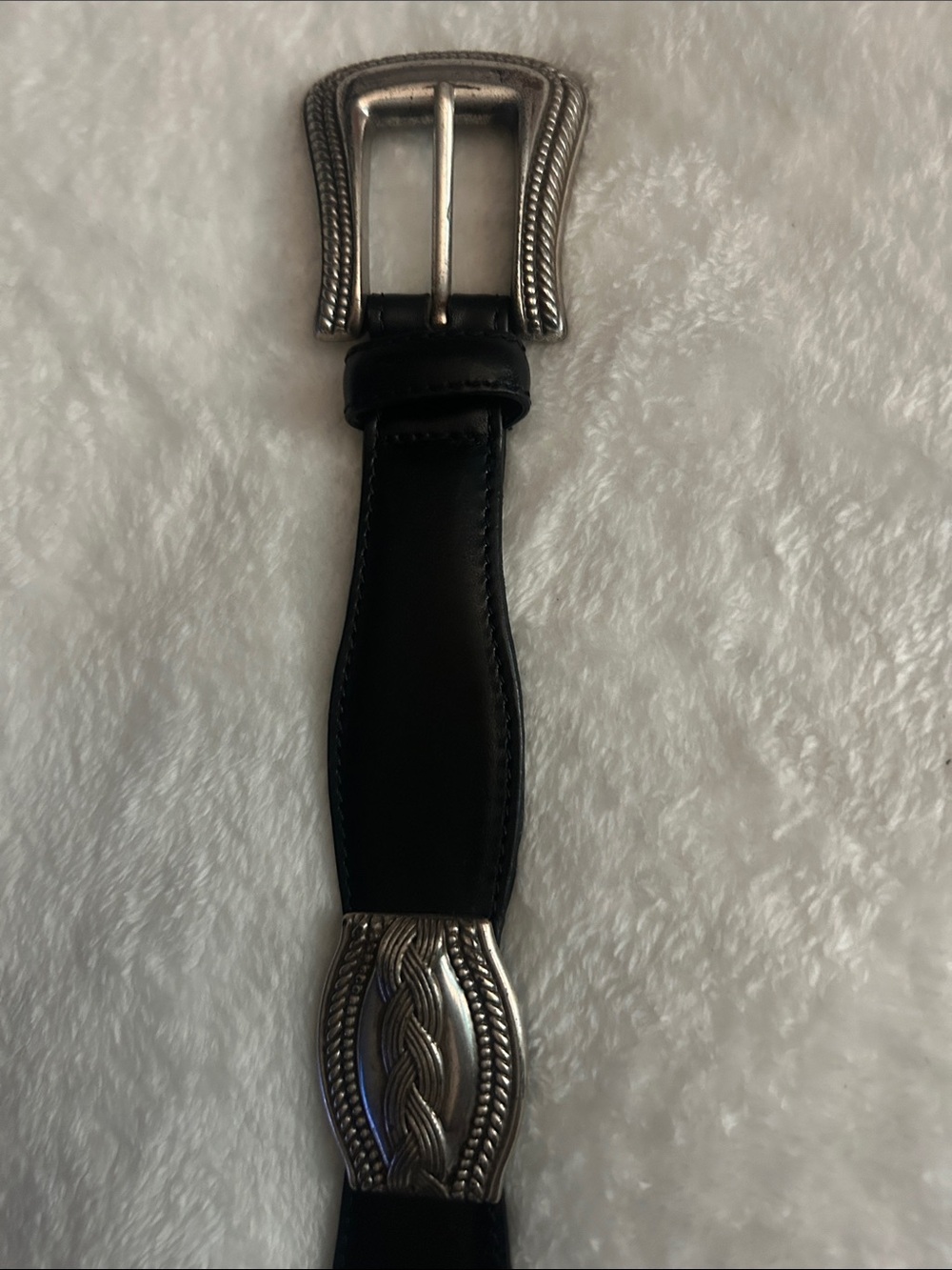 Fossil Black Leather Belt with Silver Braided Buckle Accents